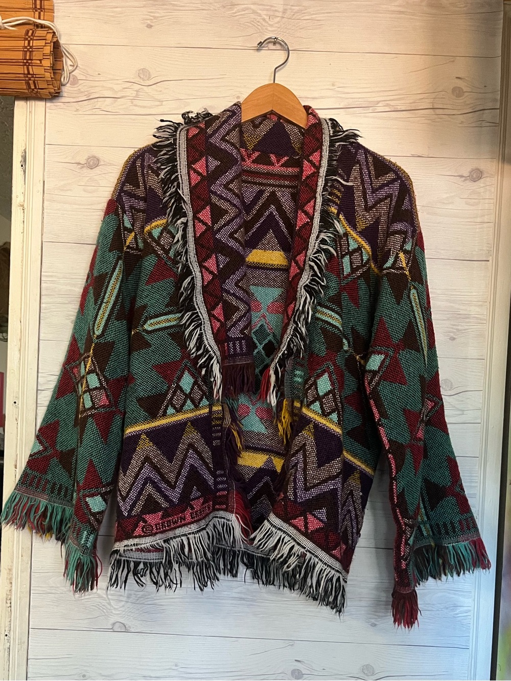 Vtg Crown Crafts Southwestern Aztec Tapestry Cardigan Blanket Sweater Fringe